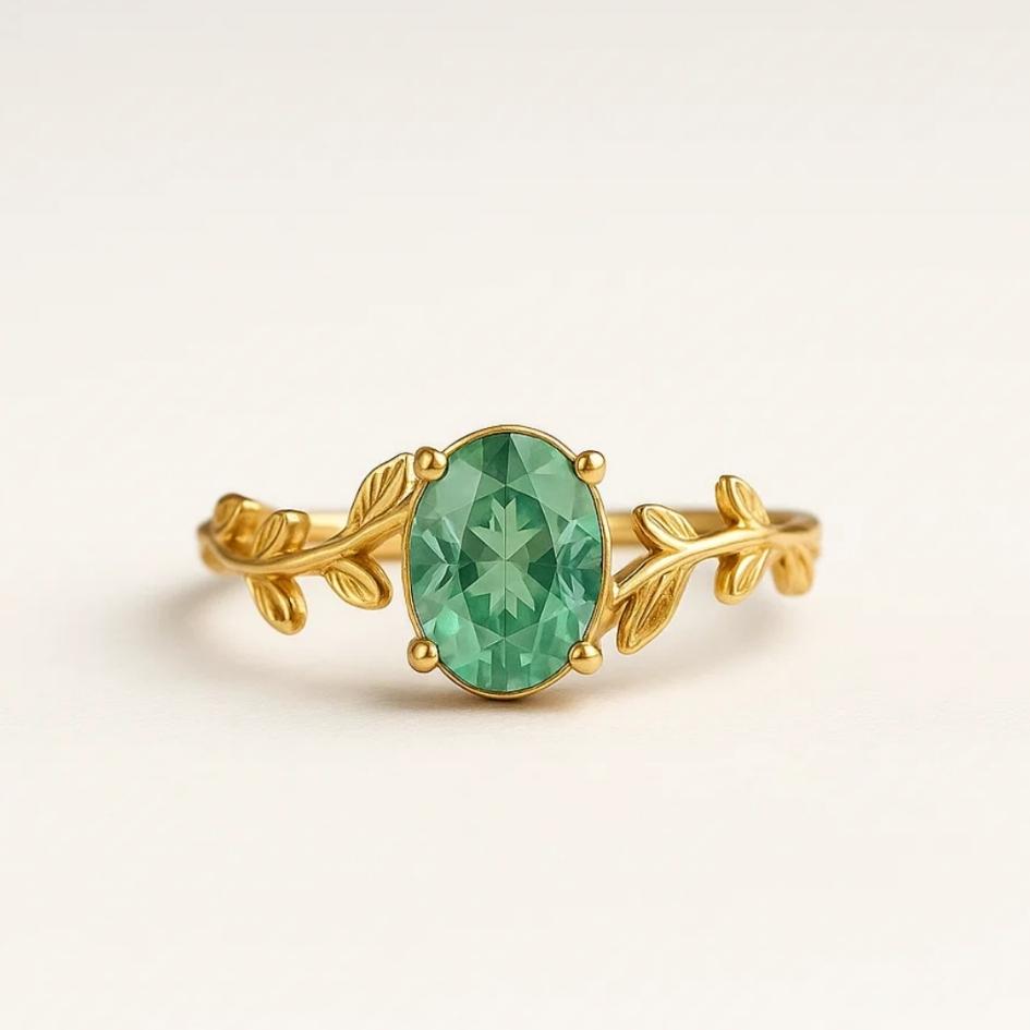 Emerald Wind – Gold ring with green agate and leaf motif