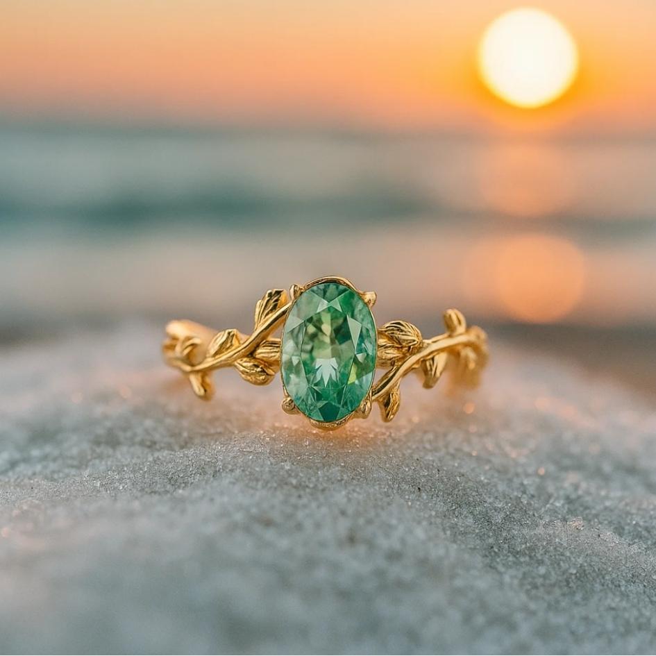 Emerald Wind – Gold ring with green agate and leaf motif