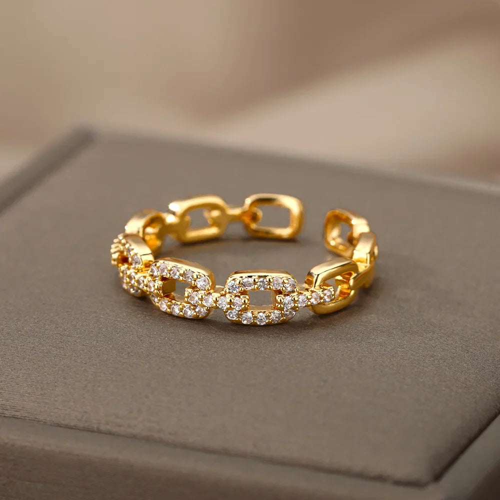 Golden Chain Link Crystal Ring