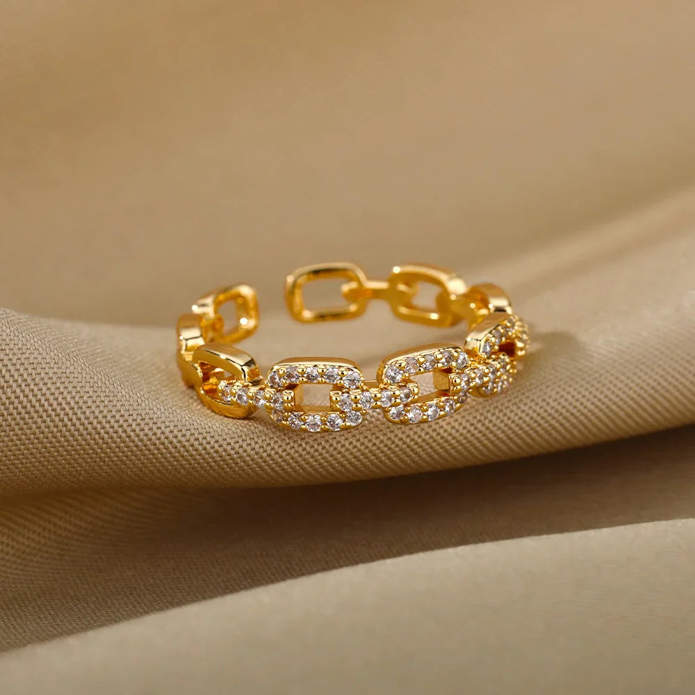 Golden Chain Link Crystal Ring