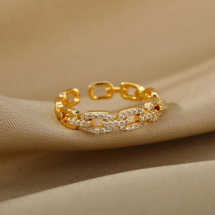 Golden Chain Link Crystal Ring