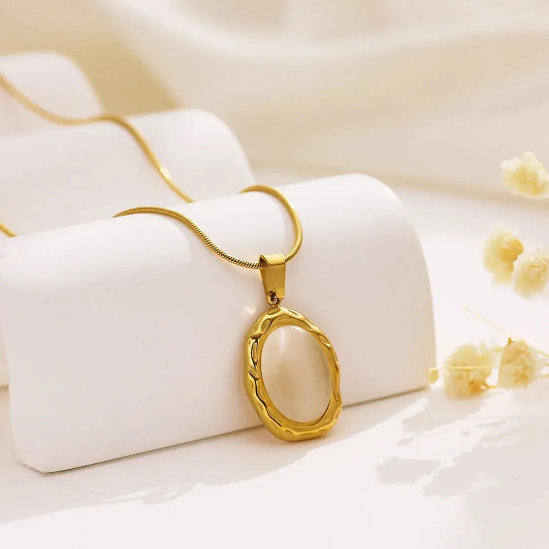 Gold Plated Oval Cat Eye Opal Necklace