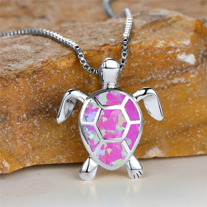 Vintage Gold Green Fire Opal Turtle Pendant Necklace