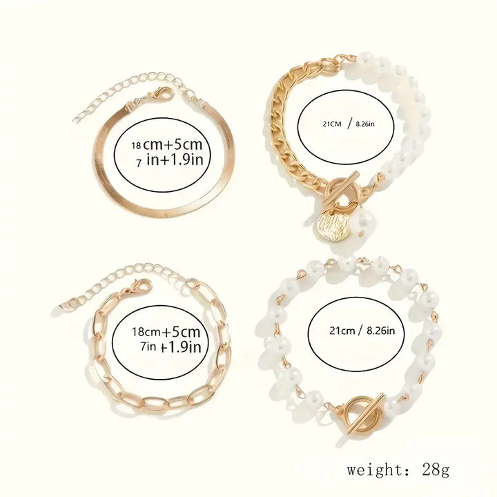Elegant 4-Piece Gold Bracelet Set – Snake, Pearls and Links
